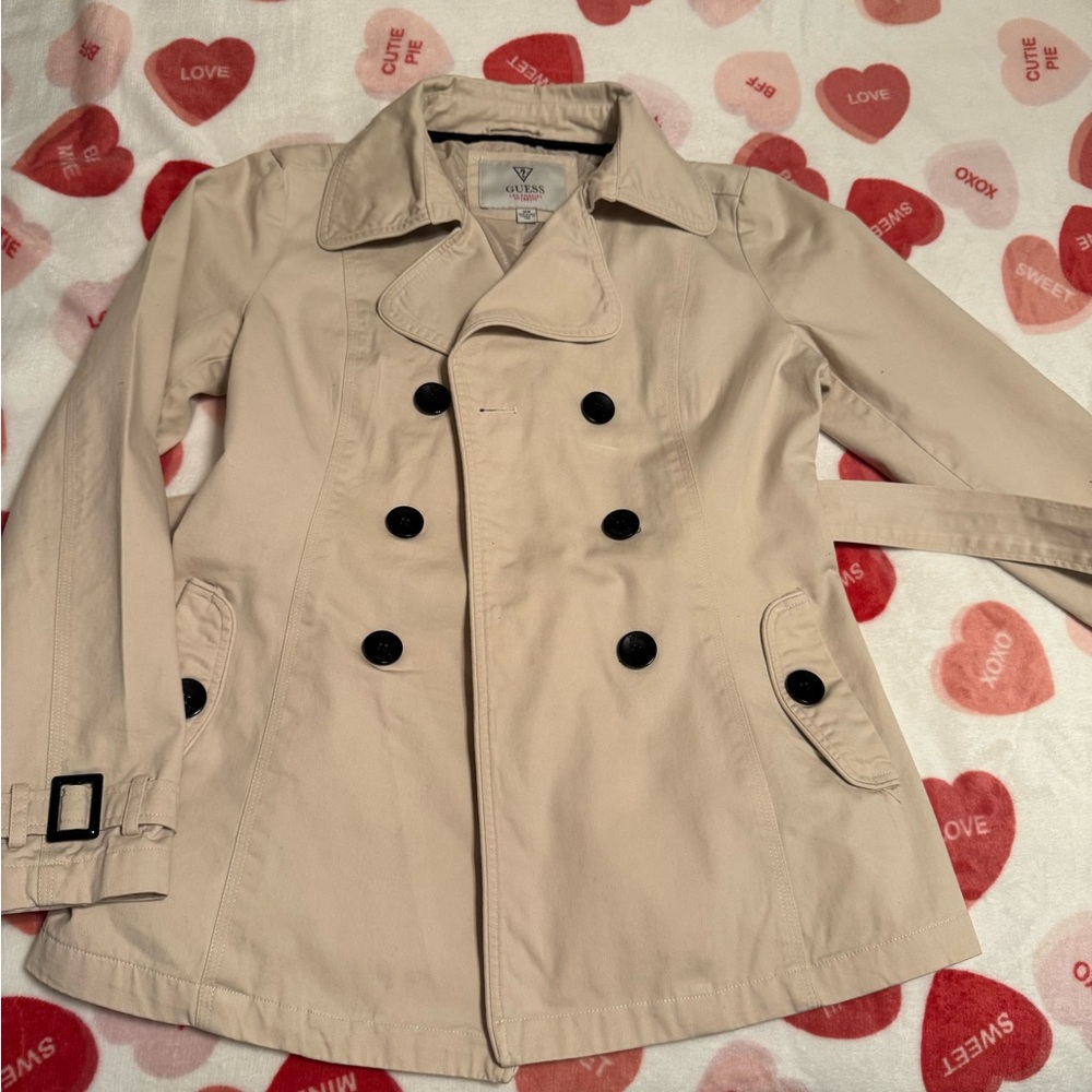 Guess Beige Double-Breasted Lined Trench Coat with Brown Buttons